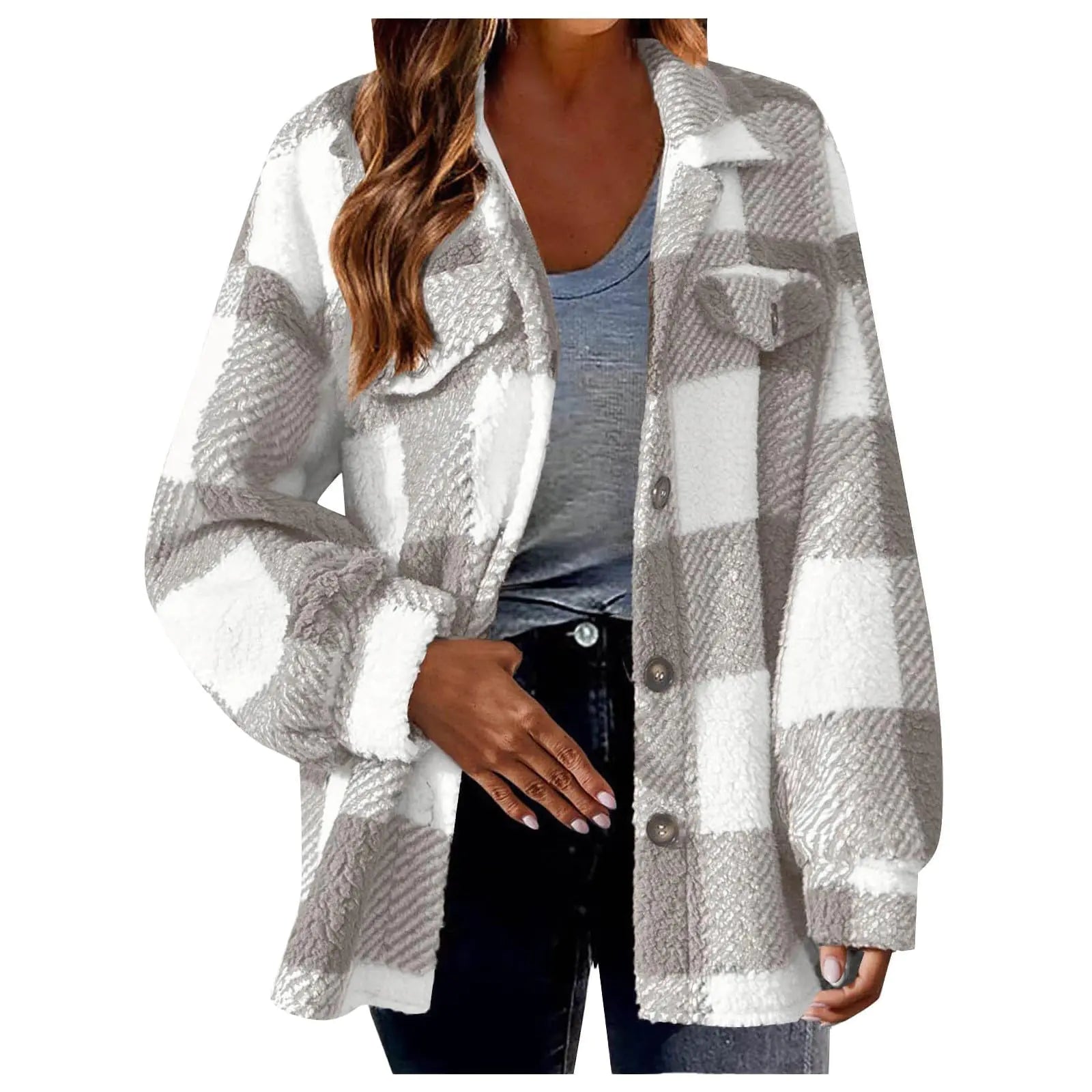 Womens Plaid Shacket Jacket Oversized Jackets Fleece Button Cardigan Trendy Plaid Outwear Warm Coat Outfits Clothes