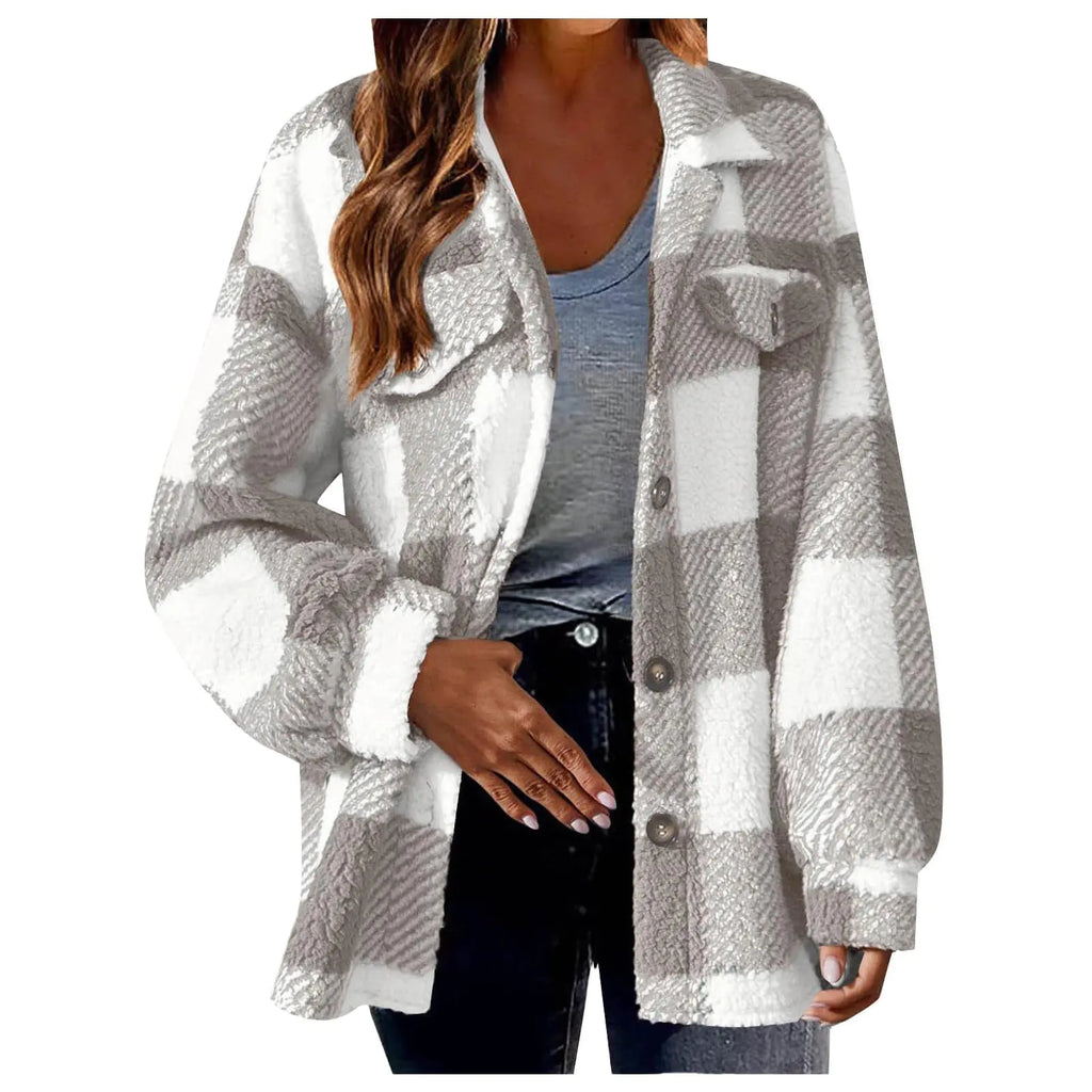 Womens Plaid Shacket Jacket Oversized Jackets Fleece Button Cardigan Trendy Plaid Outwear Warm Coat Outfits Clothes